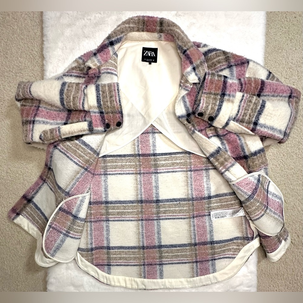 ZARA Plaid Oversized Pink Tan and Blue Shacket Size Large - Picture 9 of 10